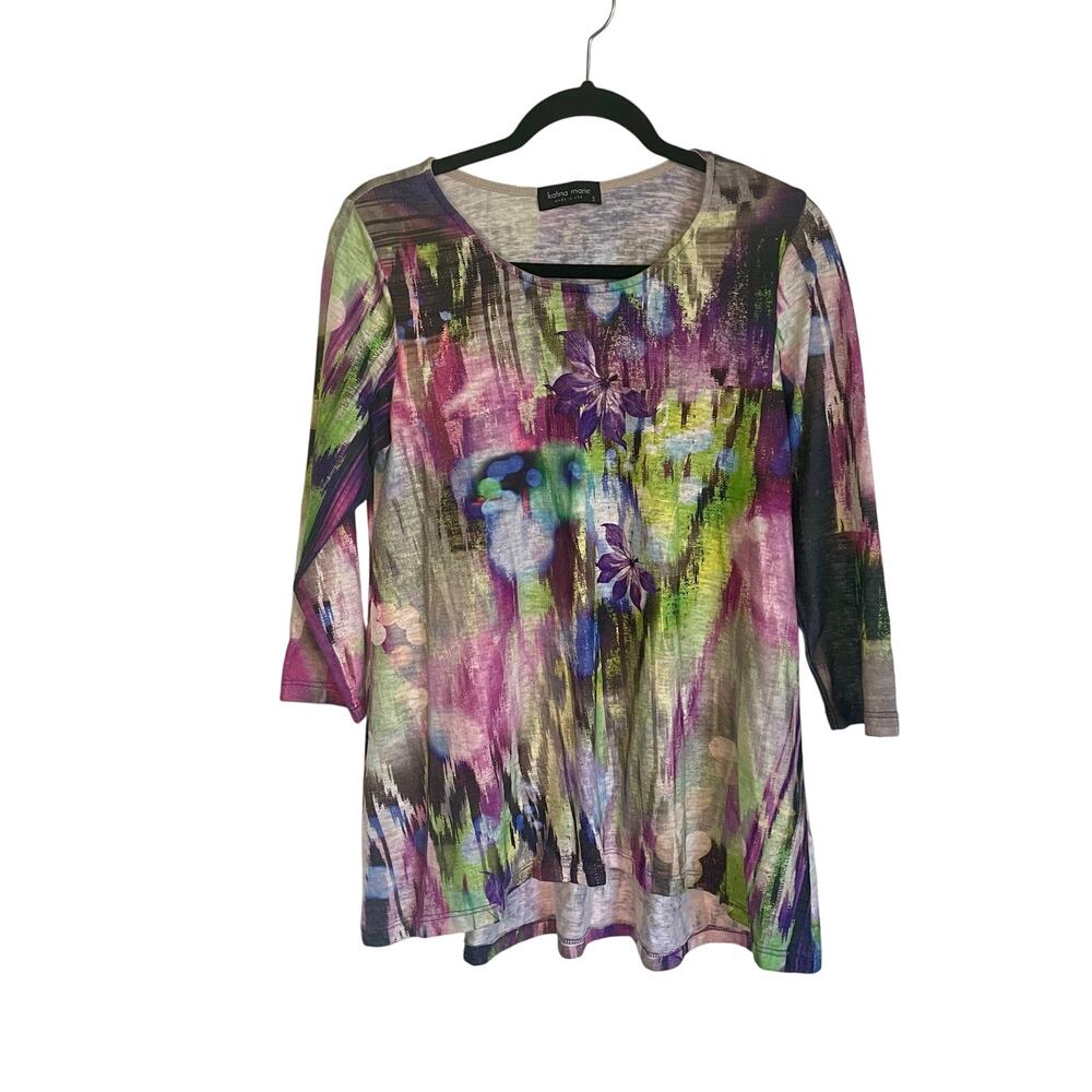 Katina Marie Green & Purple Colorful Floral Swingy Top Women's Size Small Flowy